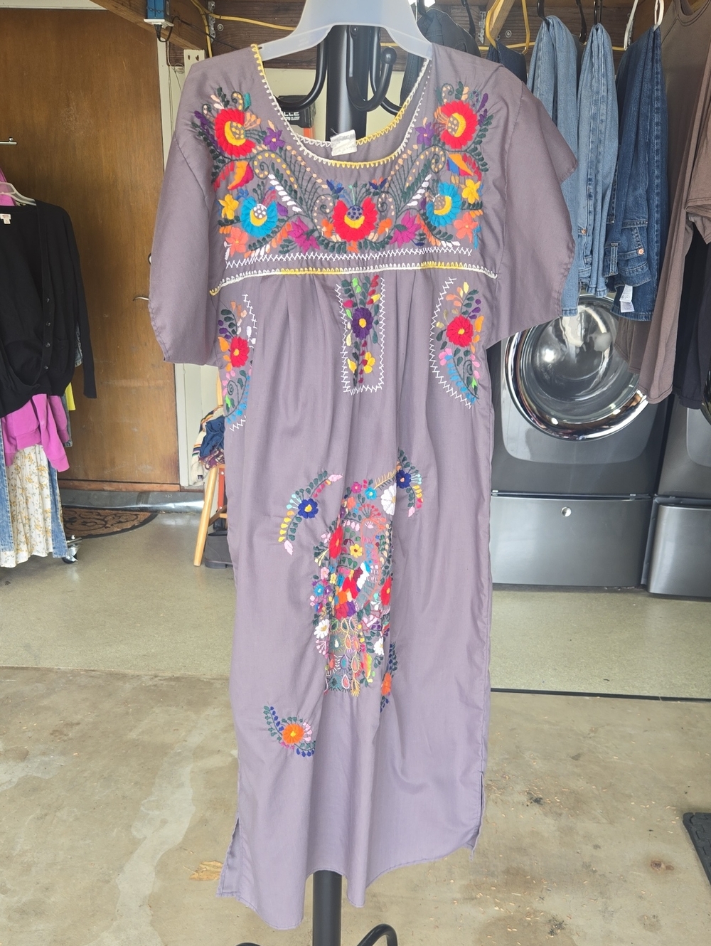 Bohemian Embroidered Gray Maxi Dress with Colorful Floral Accents
